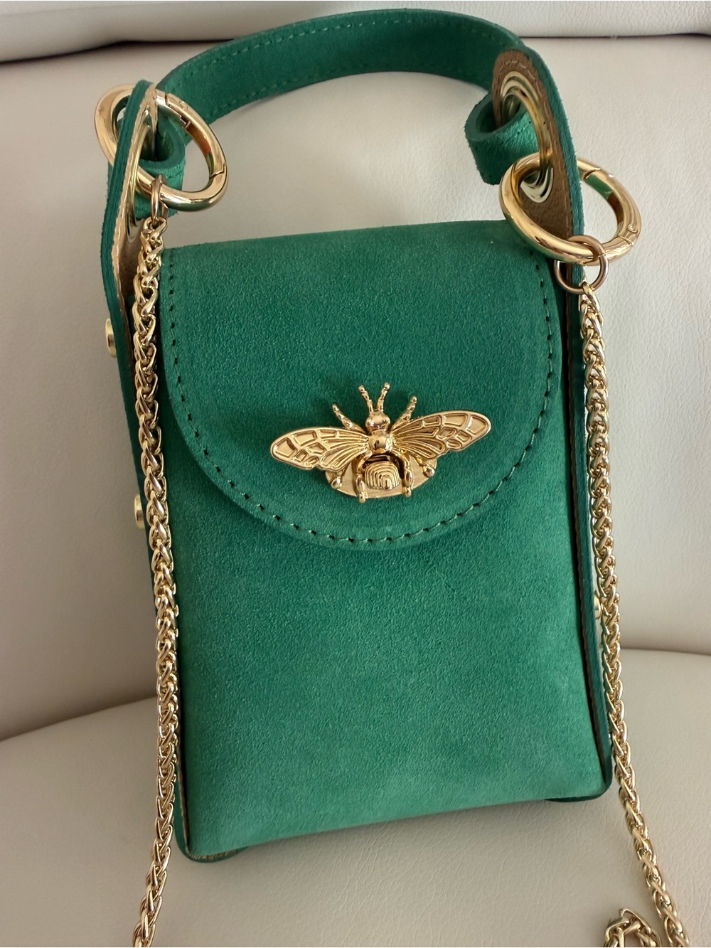 Persaman New York Emerald Green Suede Crossbody with Gold Bee Accent